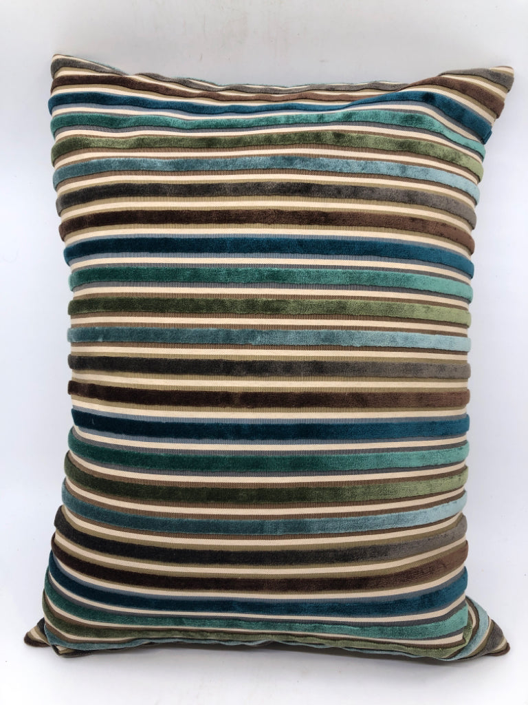 TEAL/BROWN STRIPED RECTANGLE VELVET ACCENT PILLOW.