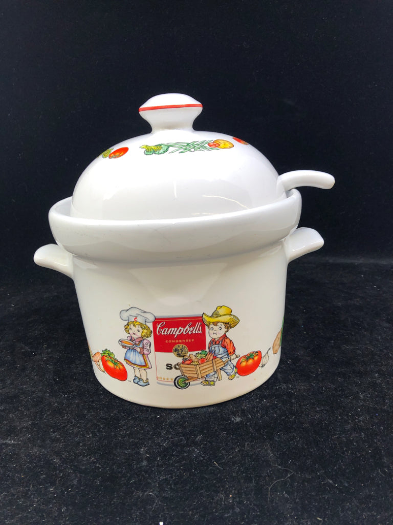 WHITE CAMPBELLS SOUP TUREEN, LID & SPOON.