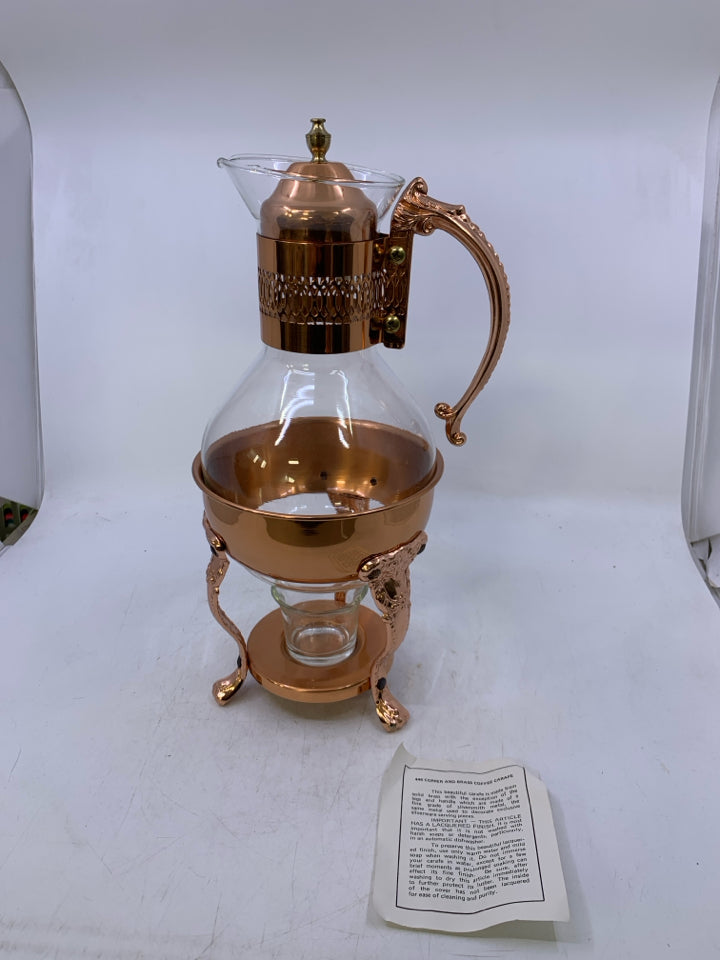 VTG GLASS + COPPER COFFEE POT WITH WARMING STAND.