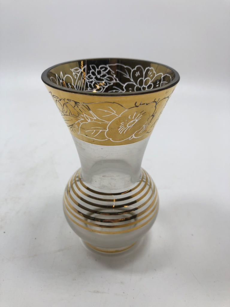 VTG ITALIAN FROSTED GLASS BUD VASE GOLD ACCENTS.