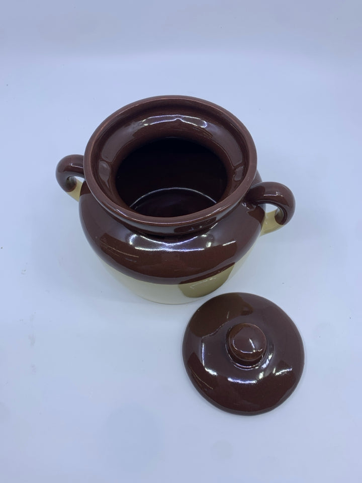 VTG BEAN POT W/LID- TAN + BROWN.