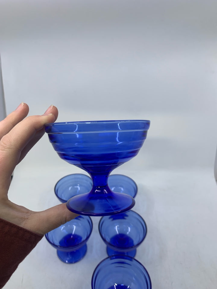 6 SHORT COBALT BLUE GLASSES W/ LINES.