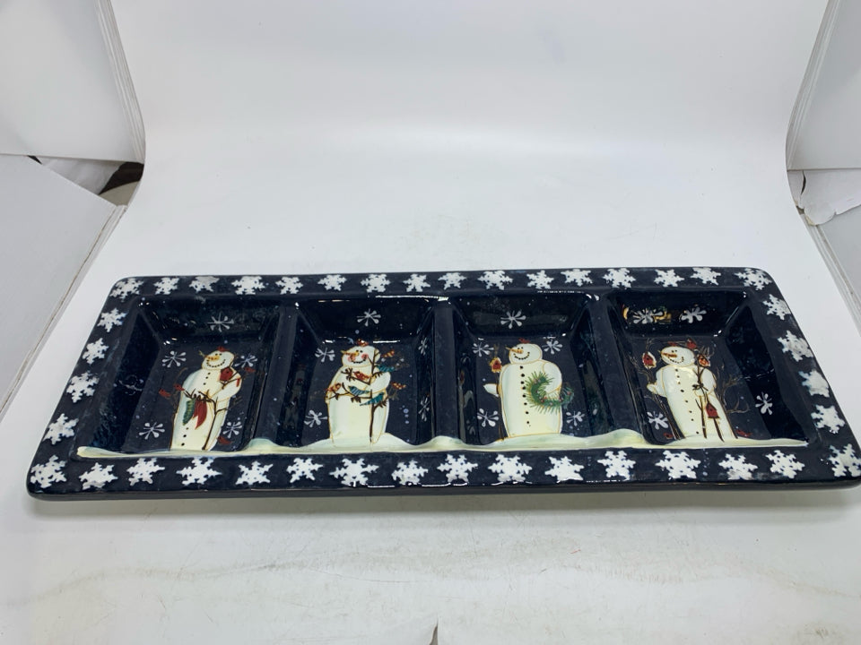 BLACK 4 DIVIDED TRAY W/ PRIMITIVE SNOWMAN.
