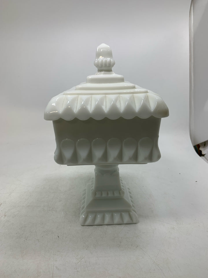 MILK GLASS PEDESTAL BOWL EMBOSSED DETAIL COVERED CANDY DISH.