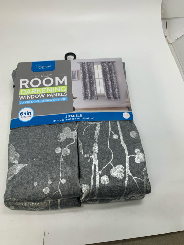 NIP GRAY METALLIC FLORAL CURTAIN PANELS.