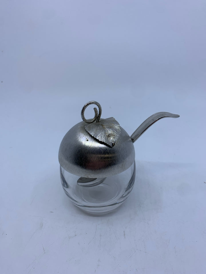 SMALL SILVER APPLE MUSTARD JAR W SPOON.