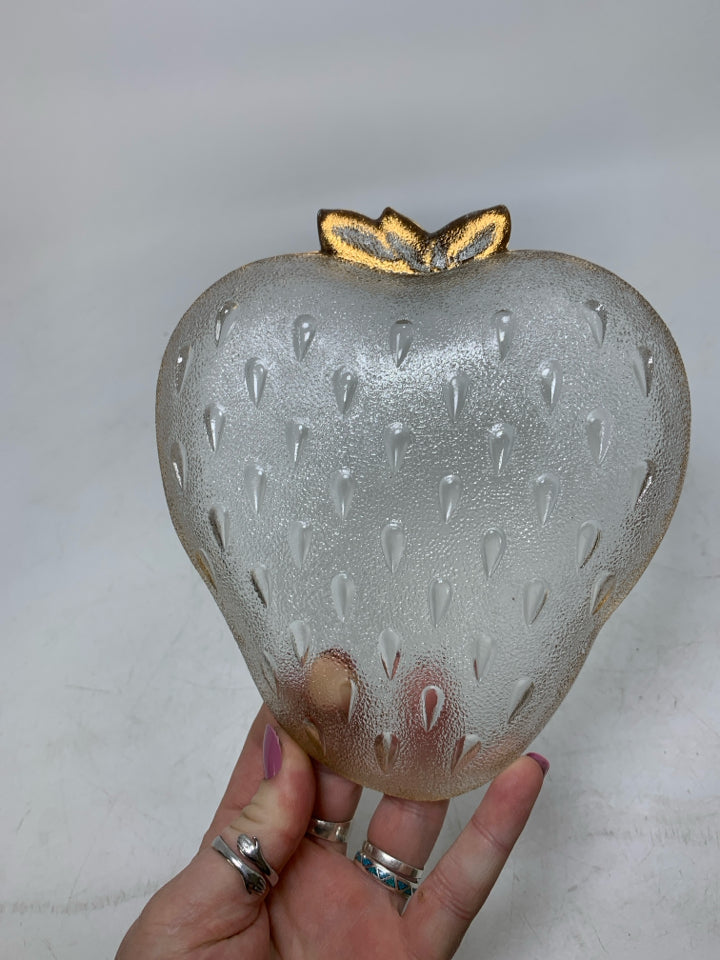 SHALLOW STRAWBERRY SHAPED BOWL GOLD RIM.