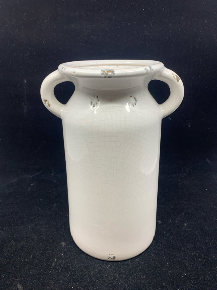 WHITE CRACKLE DESIGN CERAMIC VASE W/ HANDLES.