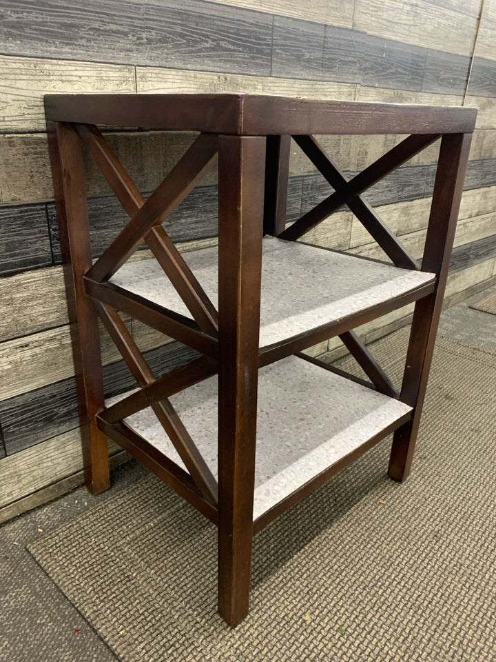 2 TIER DK WOOD GREY TOP SIDE TABLE.