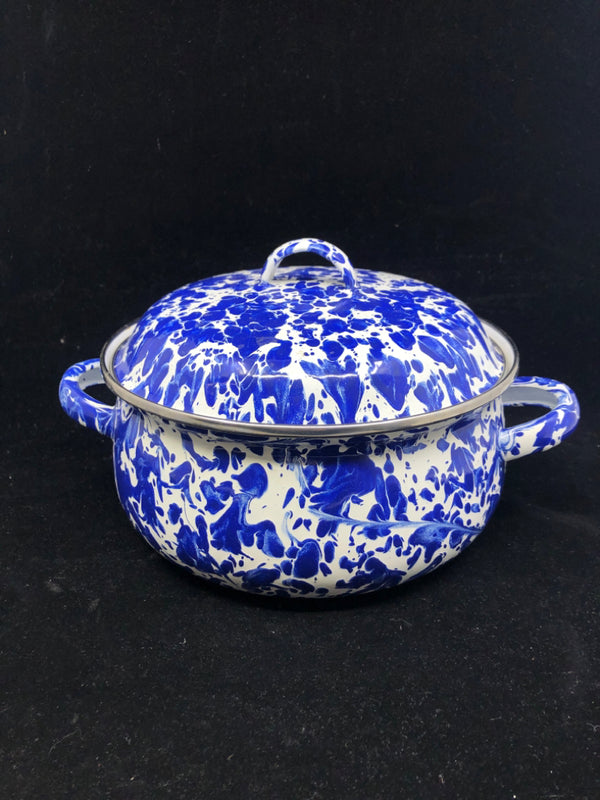 BLUE AND WHITE ENAMELED POT W LID.