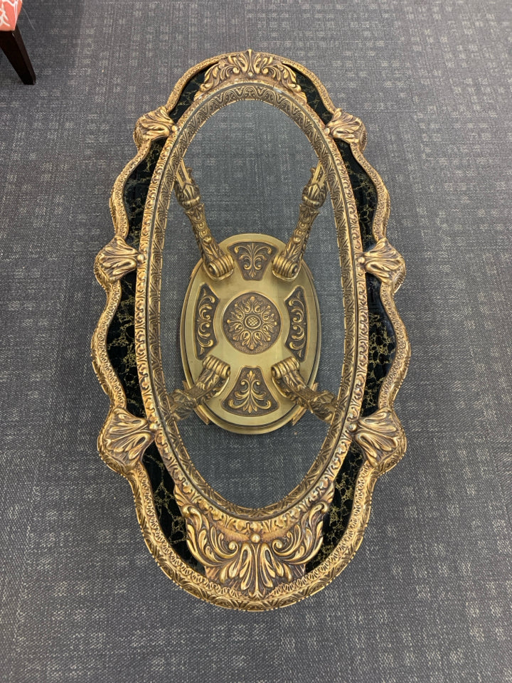 ORNATE GOLD COFFEE TABLE W/GLASS CENTER.