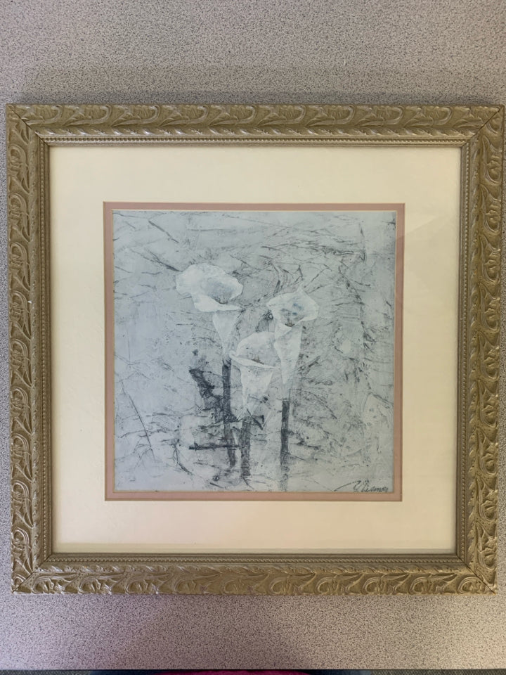 WHITE CALLA LILY IN GREY DISTRESSED FRAME WALL ART.