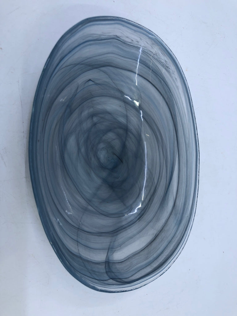 BLUE SWIRL BLOWN GLASS BOWL.