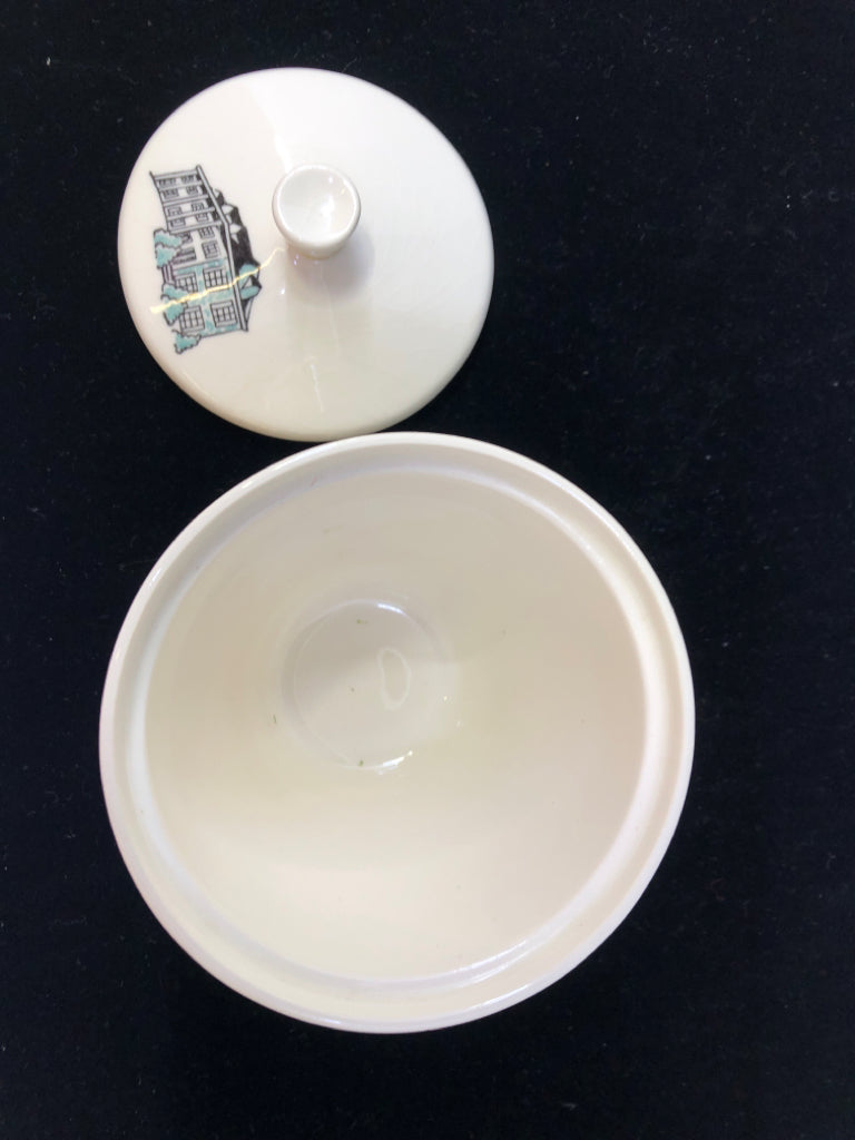 VTG CREAM CERAMIC SUGAR DISH W/LID.