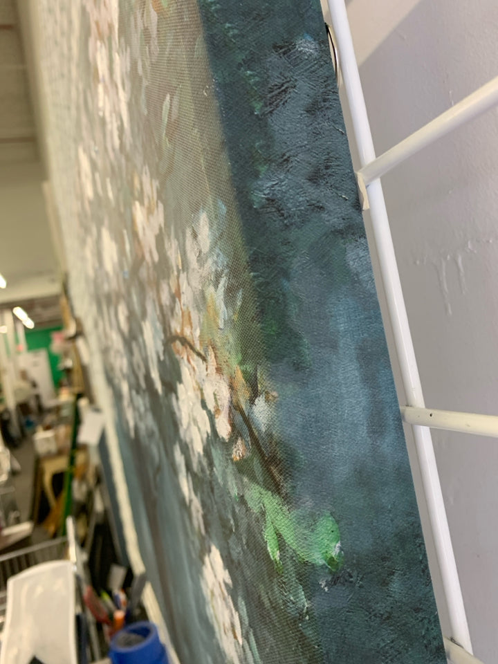 DOGWOOD TREE CANVAS PRINT TEAL BACKGROUND.