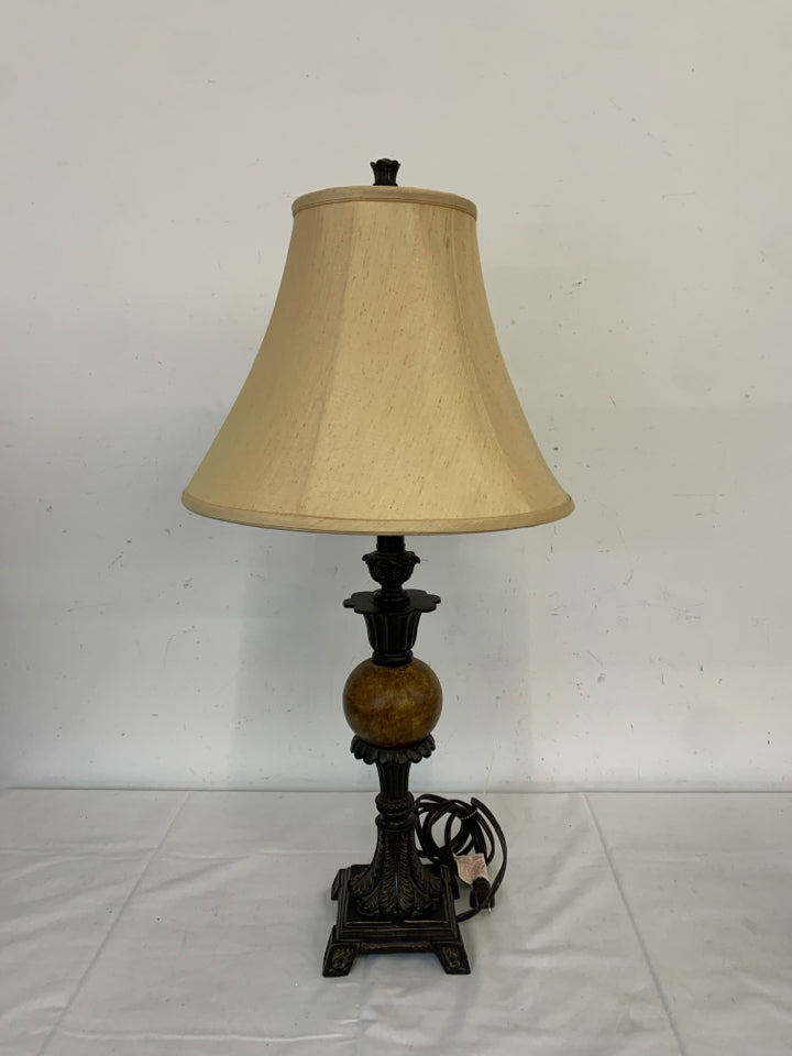 DARK MARBLE URN SCROLL LAMP W TAN SHADE.