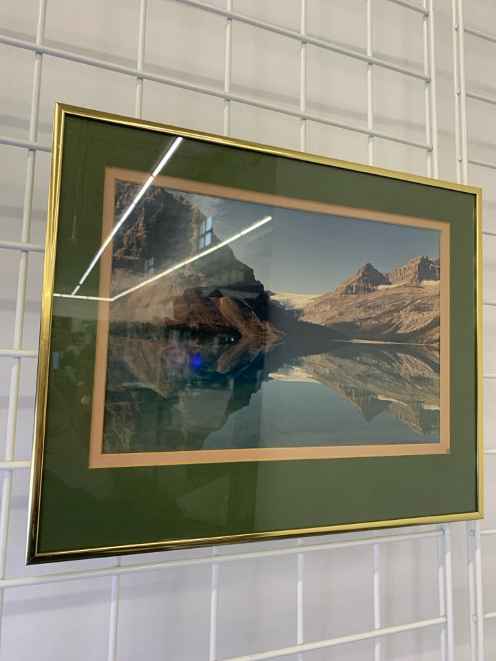 MOUNTAIN SCENE W REFLECTION IN GOLD FRAME.