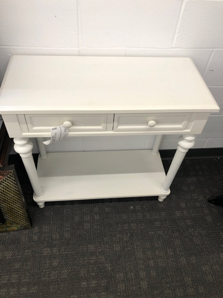 WHITE HALLWAY TABLE W/ 2 DRAWERS AND SHELF.