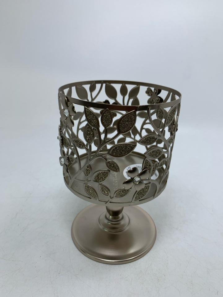 FOOTED SILVER METAL CANDLE CAGE.