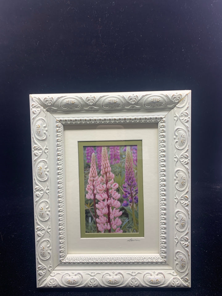 TEXTURED FRAME W/ PINK + PURPLE FLOWERS.