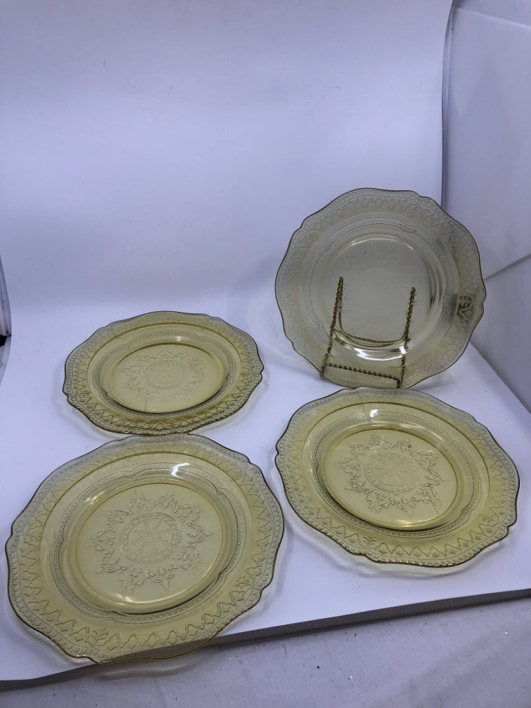 4 VTG YELLOW GLASS WAVY PRESSED GLASS PLATES.