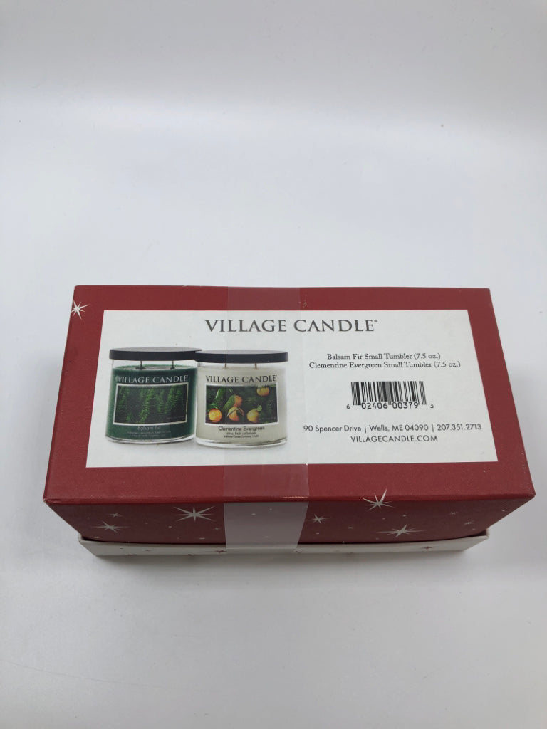 NIB 2 VILLAGE CANDLE BOX SET-BALSAM FIR, CLEMENTINE EVERGREEN.