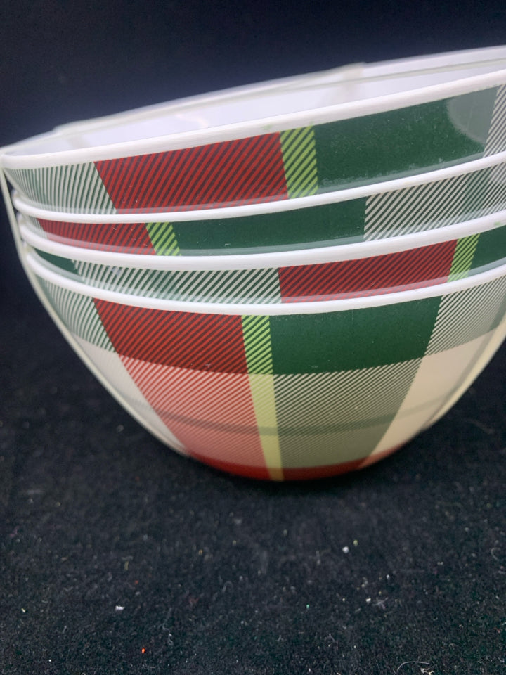 NIP 4PK PLAID MELAMINE BOWLS.