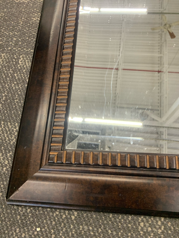SQUARE DARK WOOD FRAMED MIRROR W RIBBED ACCENTS.