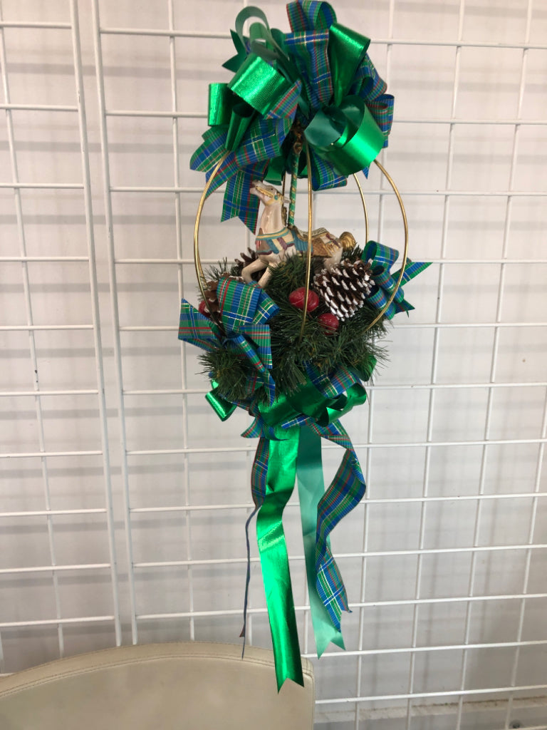BRASS HOOP CAROUSEL HORSE FLORAL ARRANGEMENT DOOR HANGER.