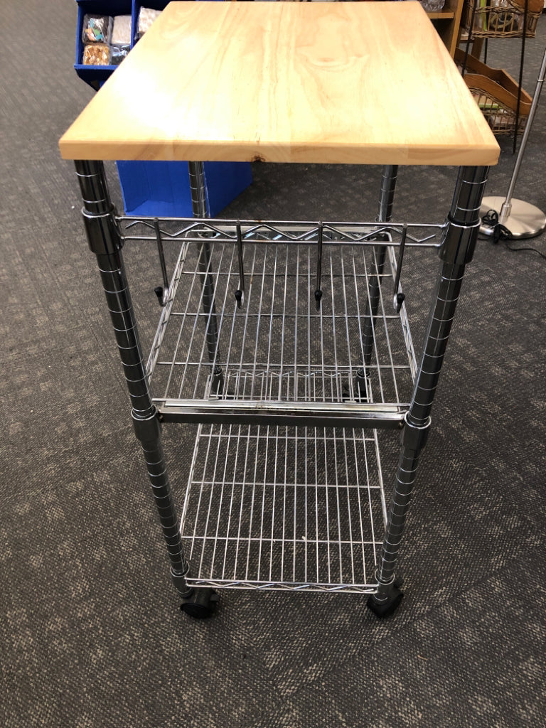 METAL BASE ROLLING CART W/ PULL OUT DRAWER W/ REMOVABLE WOOD TOP.