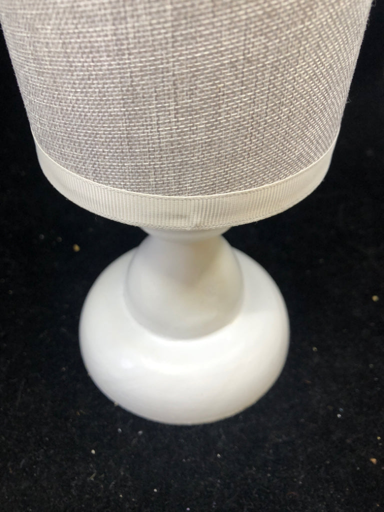 WHITE PILLAR HEADBAND STAND W/ GREY FABRIC.