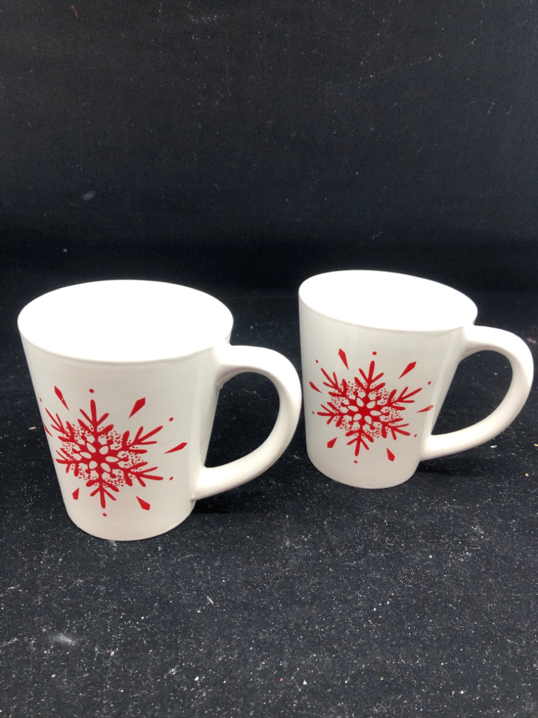 2 RED SNOWFLAKE MUGS.