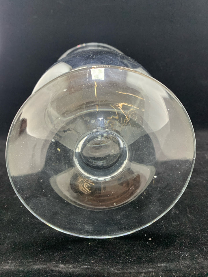 CLEAR GLASS FOOTED HURRICANE VASE.