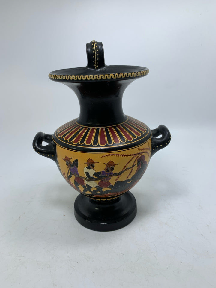 FOOTED GREEK STYLE REPRODUCTION VASE TRIPLE HANDLE.