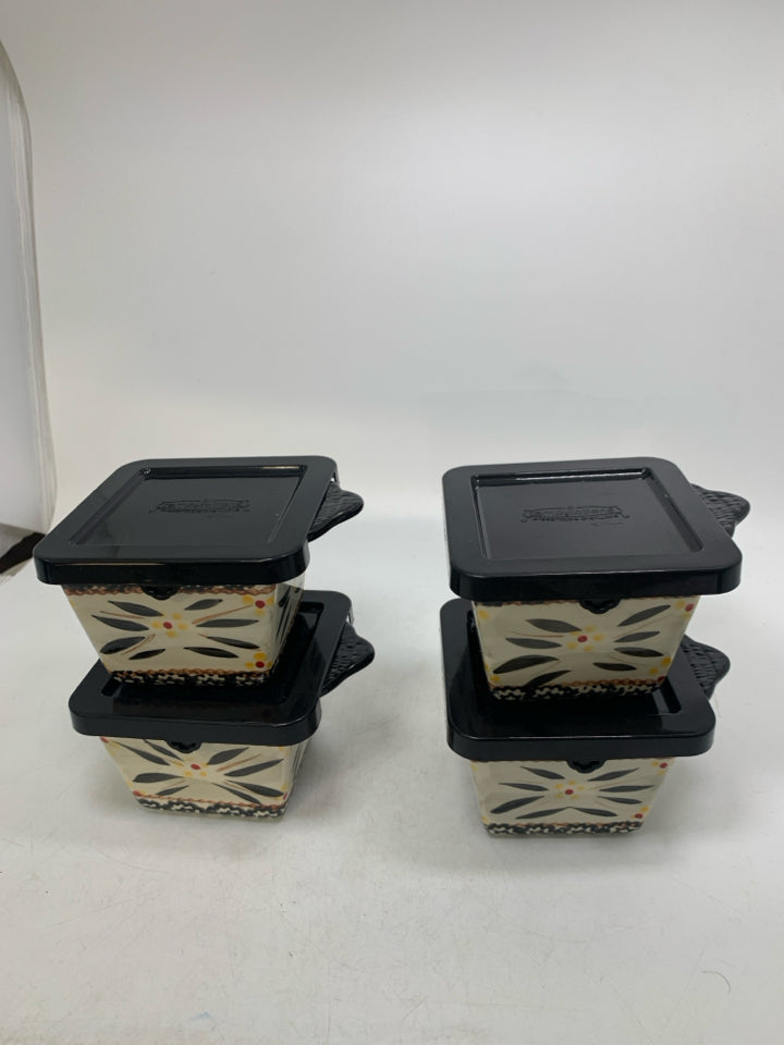 4 OLD WORLD SQUARE RAMEKIN BOWLS W/ LIDS.