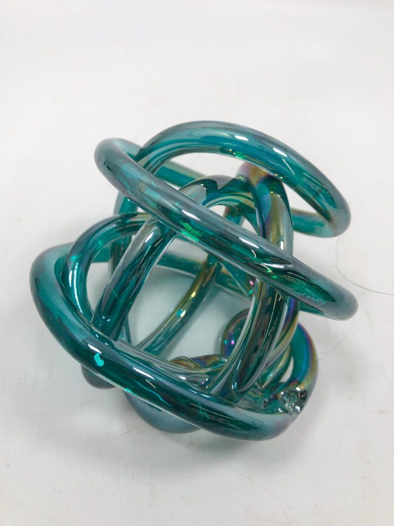 BLOWN TEAL GLASS KNOT DESK DECOR.