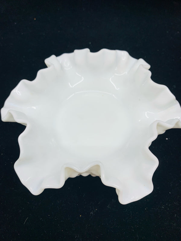 VTG MILK GLASS HOBNAIL RUFFLED EDGE BOWL.