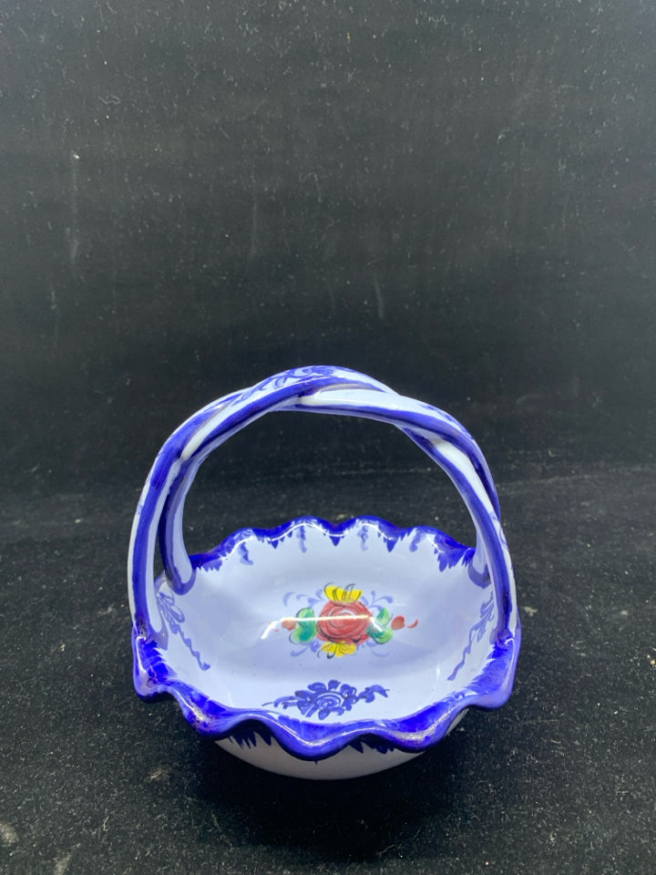 BLUE HAND PAINTED FLORAL BASKET.