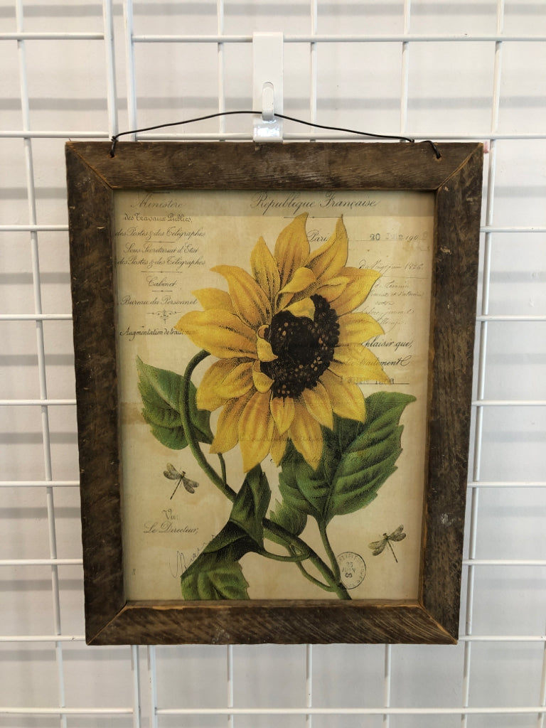 SUNFLOWER PRINT IN RECLAIMED WOOD FRAME.
