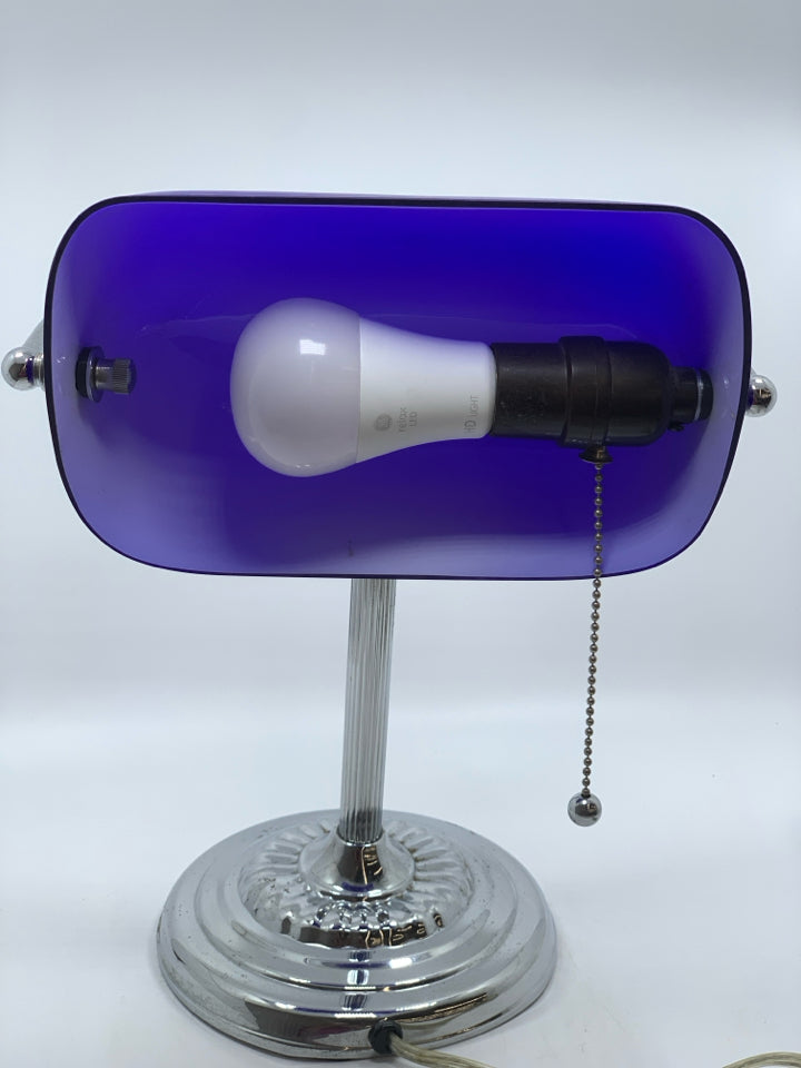 COBALT BLUE SILVER BANKERS LAMP.