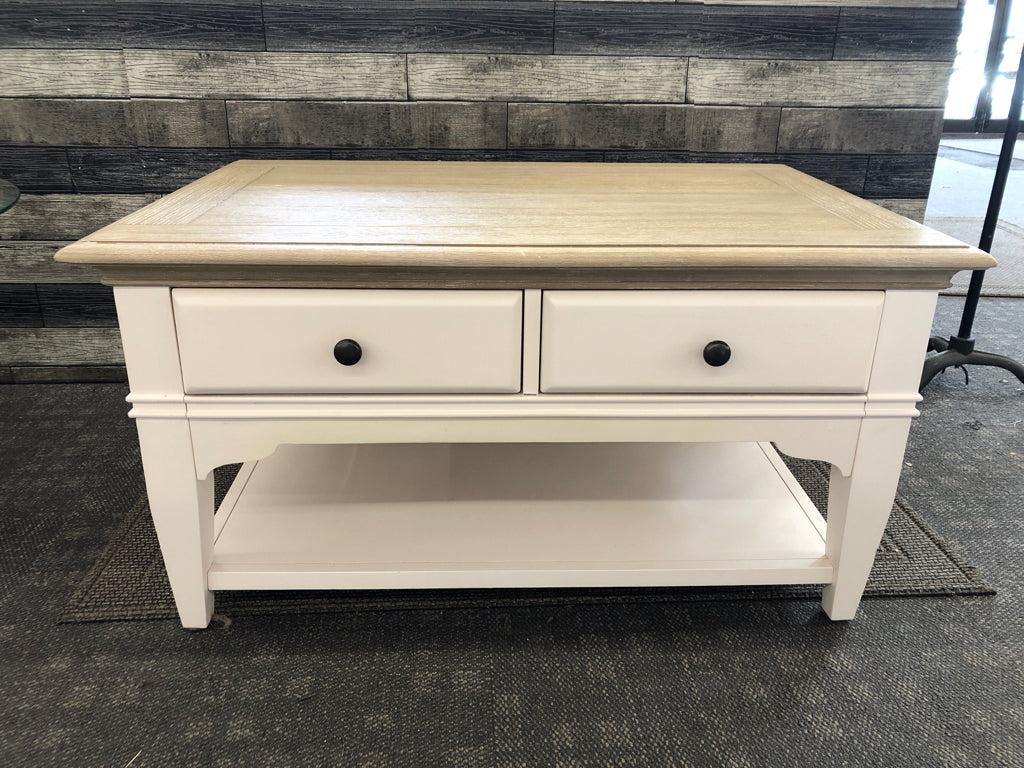 2 TIER WHITE LEGS W/ LIGHT WOOD TOP/ TWO DRAWERS COFFEE TABLE.