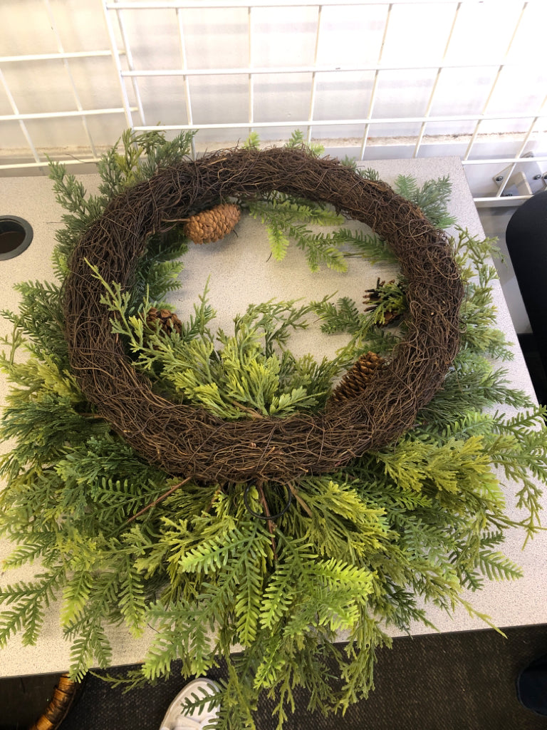 PINECONE AND FERN LEAVES WREATH.