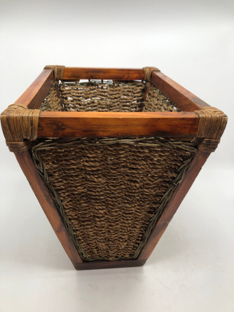 WOODEN FRAMED WOVEN BASKET.