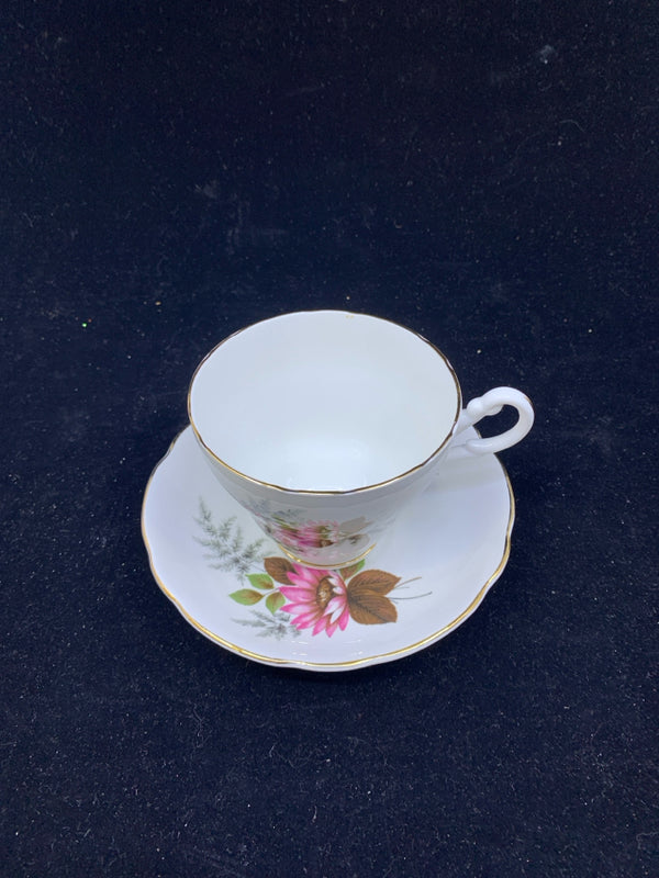 VTG PINK FLOWERS BROWN LEAVES AND GOLD RIM.