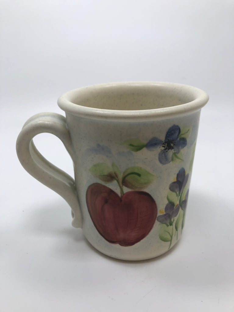 HANDPAINTED MUG W/FLOWERS & FRUIT.