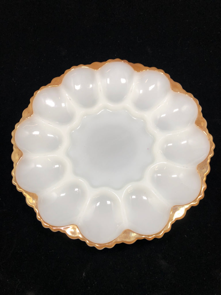 VTG GOLD LINED MILK-GLASS DEVILED EGG PLATTER.