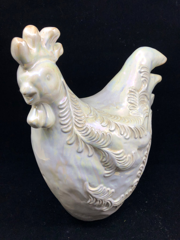 TALL WHITE IRIDESCENT ROOSTER.