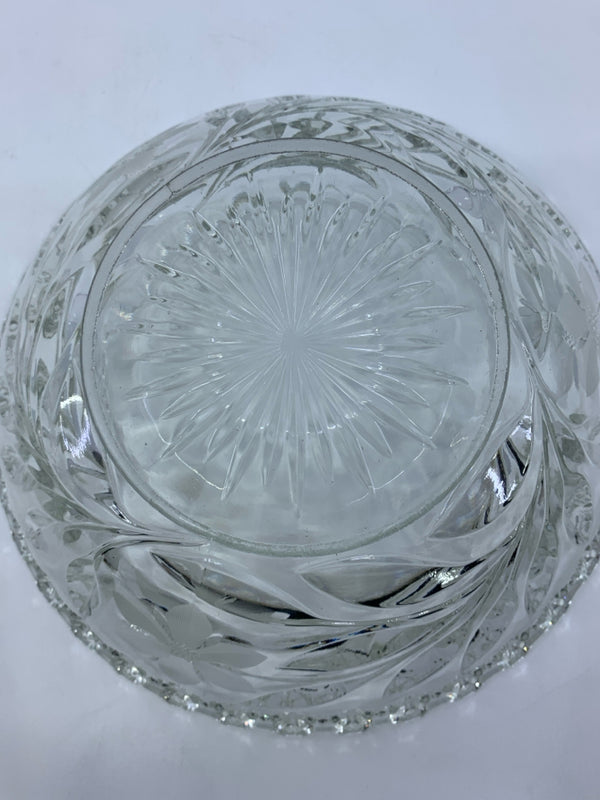 WAVY EDGE FLORAL ETCHED CUT GLASS BOWL.