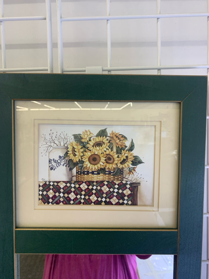 GREEN WOOD MIRROR W/ SUNFLOWERS IN BASKET WALL HANGING.