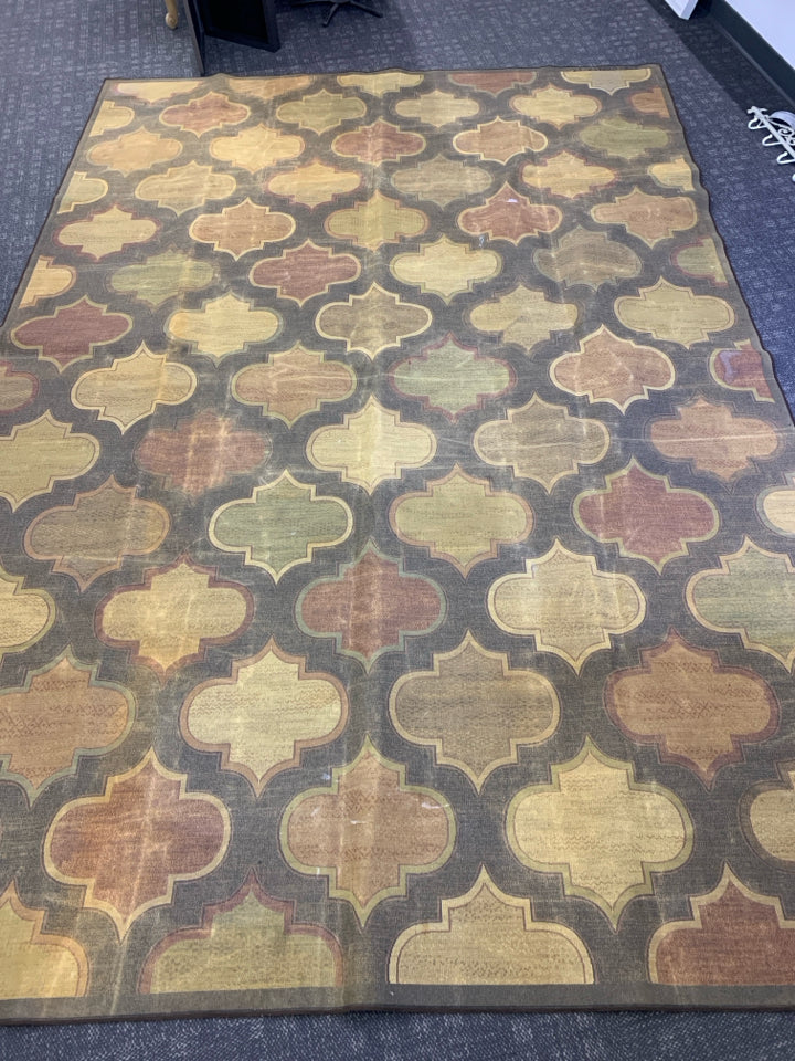 LARGE ACCENT RUG BROWN GOLD MAROON TILE ACCENTS.